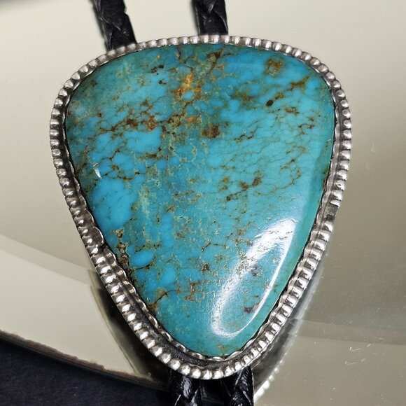 Navajo Turquoise On Silver BOLO Tie Hallmarked K E E with Sterling 925 Tips KEE - Picture 12 of 16